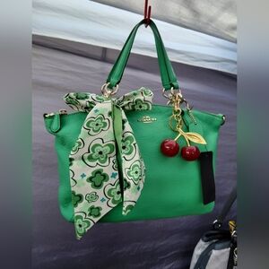 Coach Green Leather Tote Bag with Scarf and Cherry Charm